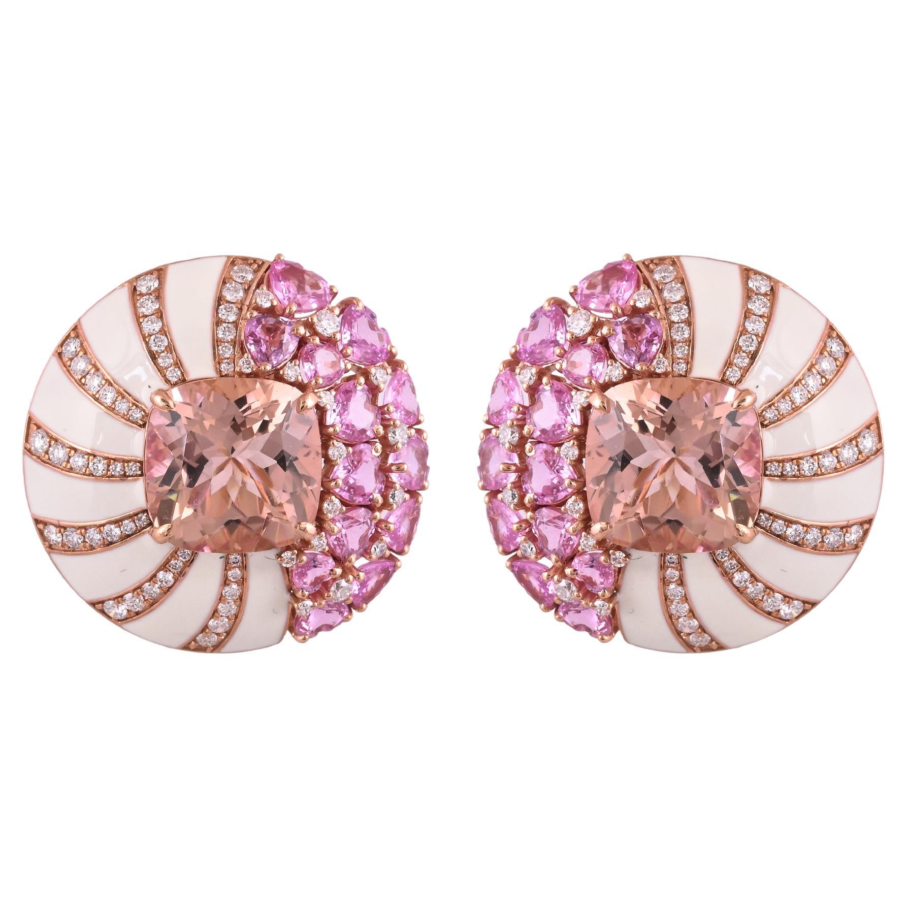 Set in 18K Gold, Morganite, Pink Sapphires, White Enamel & Diamonds Stud Earring For Sale