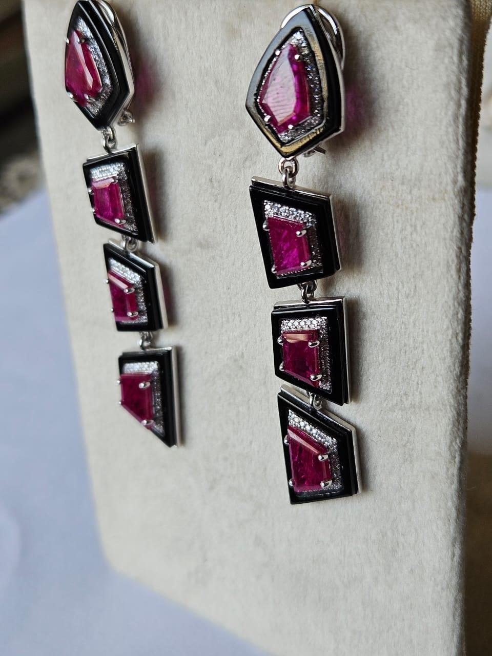 Shield Cut Set in 18K Gold, Mozambique Rubies, Black Onyx & Diamonds Chandelier Earrings For Sale