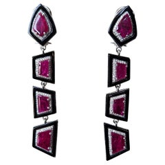 Set in 18K Gold, Mozambique Rubies, Black Onyx & Diamonds Chandelier Earrings