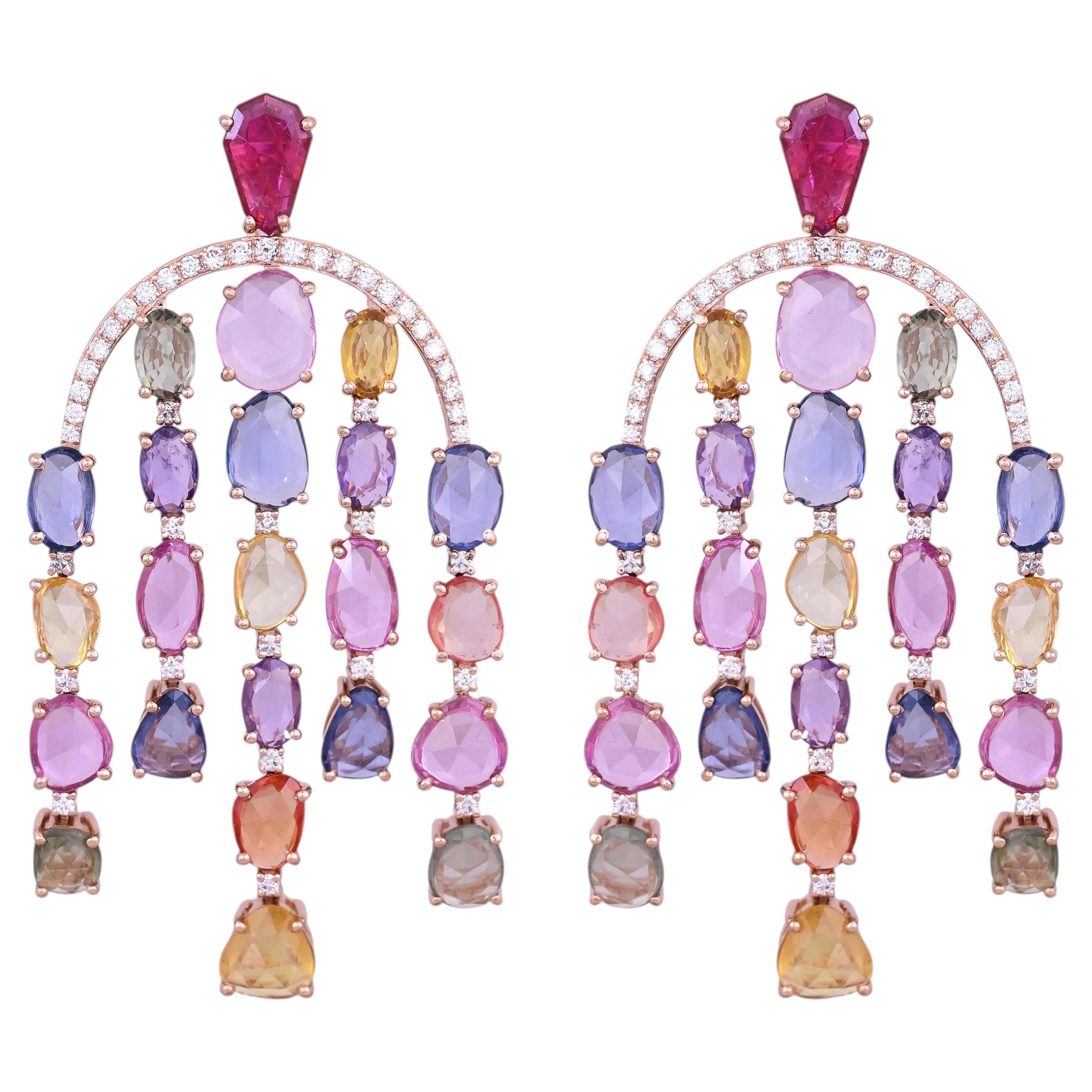 Set in 18K Gold, Mozambique Rubies, Multi Sapphires & Diamonds Dangle Earrings