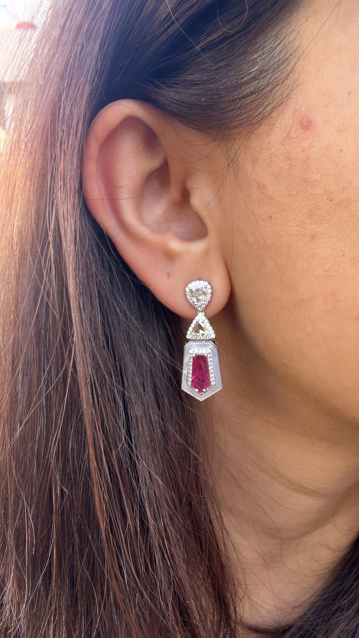 Set in 18K Gold, Mozambique Rubies, Pearls & Rose Cut Diamonds Dangle Earrings For Sale 6