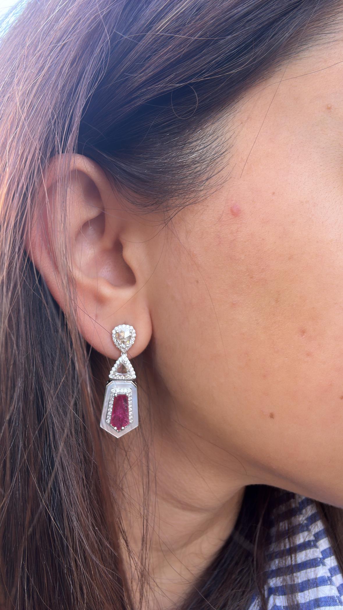 Set in 18K Gold, Mozambique Rubies, Pearls & Rose Cut Diamonds Dangle Earrings For Sale 7