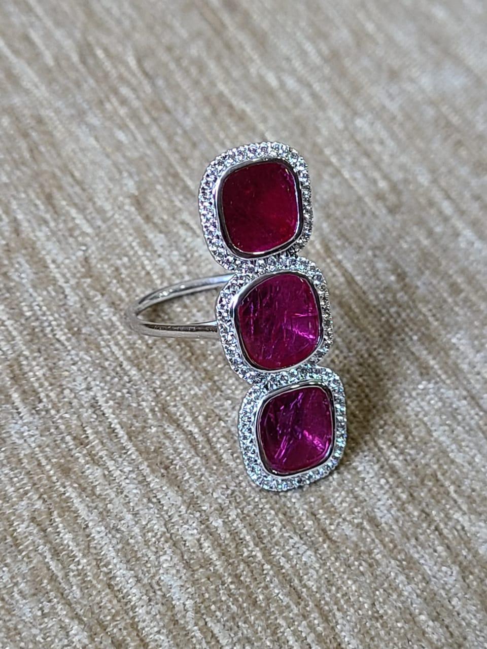 A very chic and one of a kind, Ruby Cocktail Ring set in 18K Gold & Diamonds. The Ruby is of Mozambique origin and weighs 4.29 carats. The diamond weight is 0.42 carats. The ring is 6.50 US size and can be changed on request. The dimensions of the