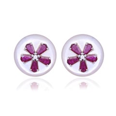 Set in 18K Gold, Mozambique Ruby, Mother of Pearl & Diamonds Stud Earrings