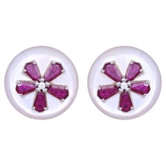 Set in 18K Gold, Mozambique Ruby, Mother of Pearl & Diamonds Stud Earrings