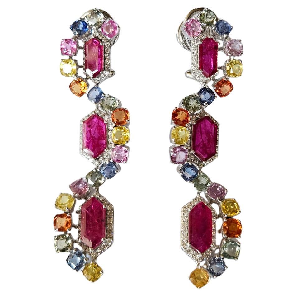 Set in 18K Gold, Mozambique Ruby, Multi Sapphires & Diamonds Chandelier Earrings