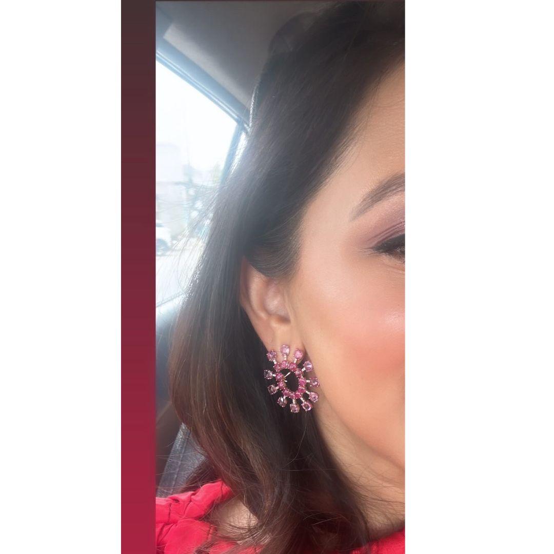 Set in 18K Gold, Mozambique Ruby, Pink Sapphires & Diamonds Stud / Hoop Earrings For Sale 4