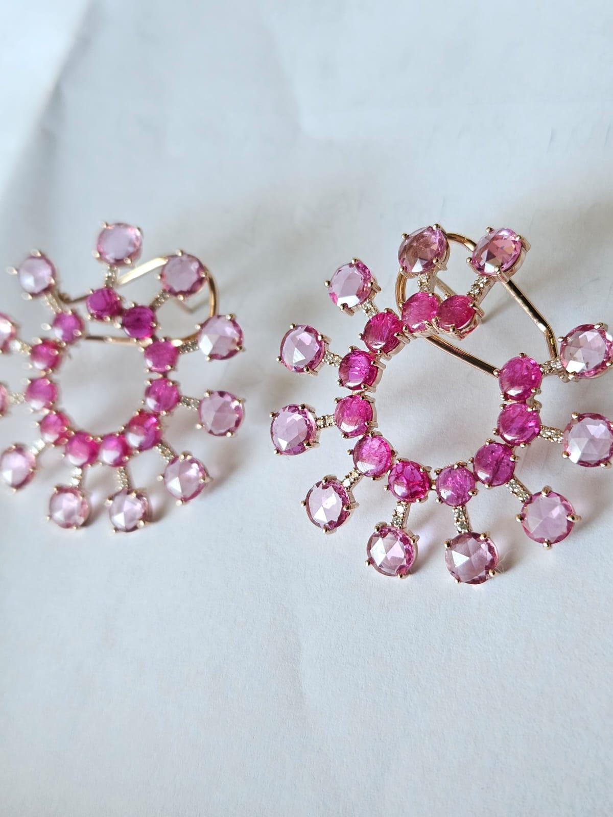A very gorgeous and beautiful, modern style, Pink Sapphire & Ruby Stud/ Hoop Earrings set in 18K Rose Gold & Diamonds. The weight of the Pink Sapphire Rose Cuts is 9.05 carats. The Pink Sapphires are of Ceylon (Sri Lankan) origin. The weight of the