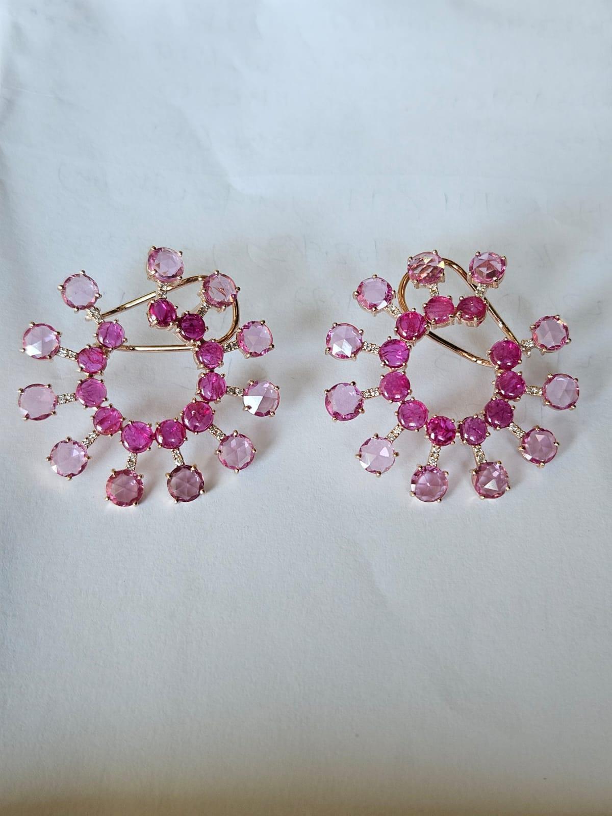 Modern Set in 18K Gold, Mozambique Ruby, Pink Sapphires & Diamonds Stud / Hoop Earrings For Sale