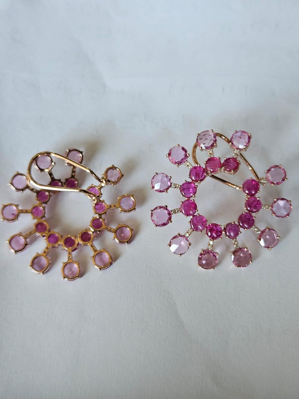 Rose Cut Set in 18K Gold, Mozambique Ruby, Pink Sapphires & Diamonds Stud / Hoop Earrings For Sale