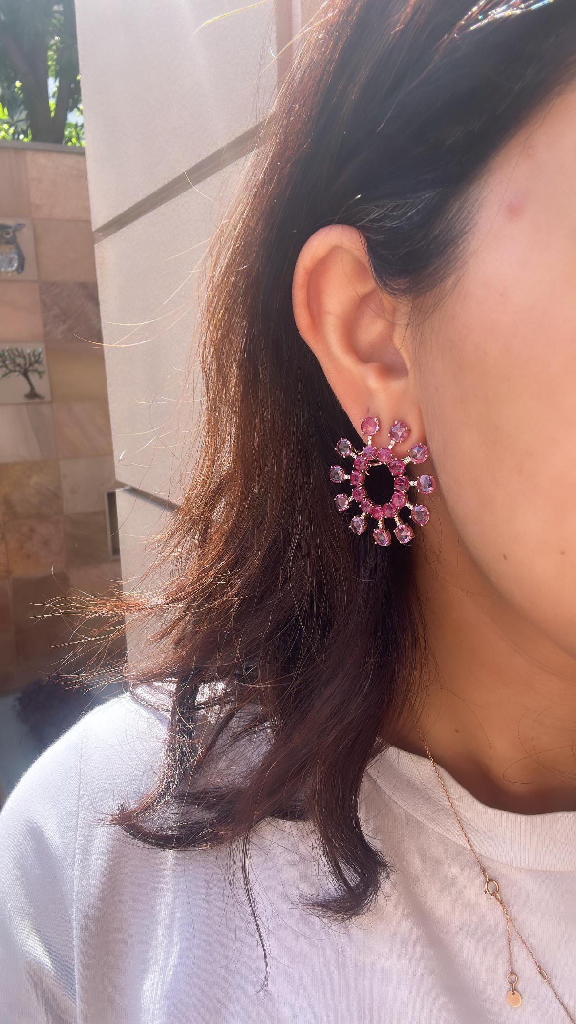 Set in 18K Gold, Mozambique Ruby, Pink Sapphires & Diamonds Stud / Hoop Earrings For Sale 1