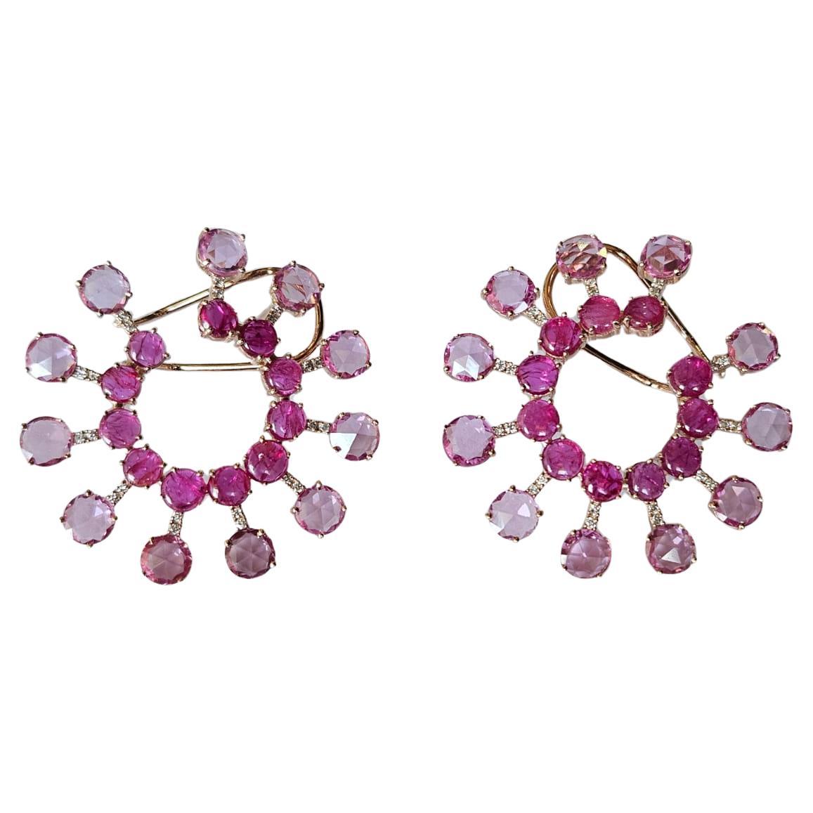 Set in 18K Gold, Mozambique Ruby, Pink Sapphires & Diamonds Stud / Hoop Earrings For Sale