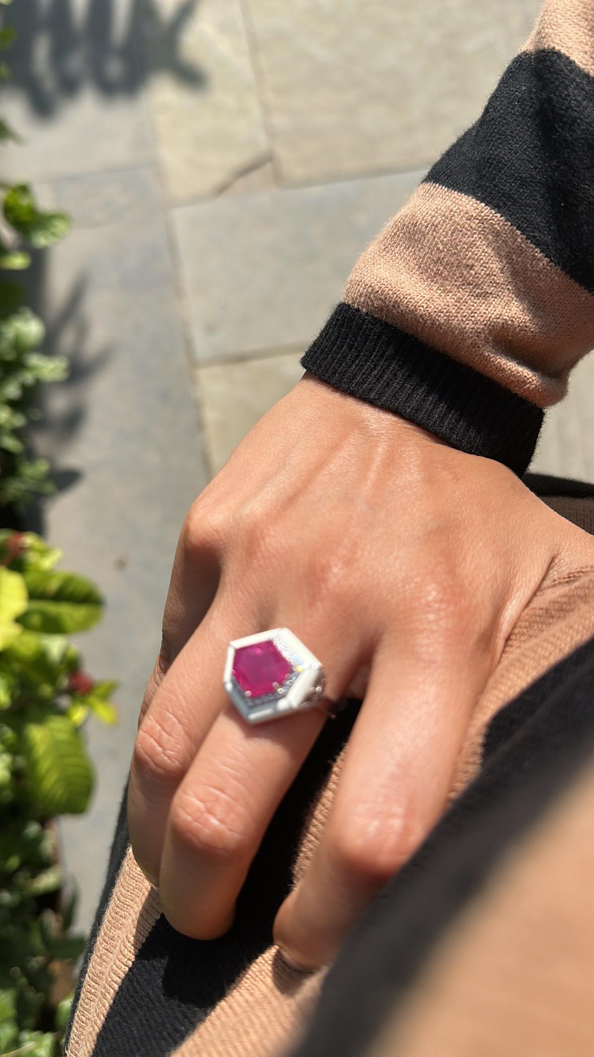 Set in 18K Gold, Mozambique Ruby, White Enamel & Diamonds Cocktail Ring 4