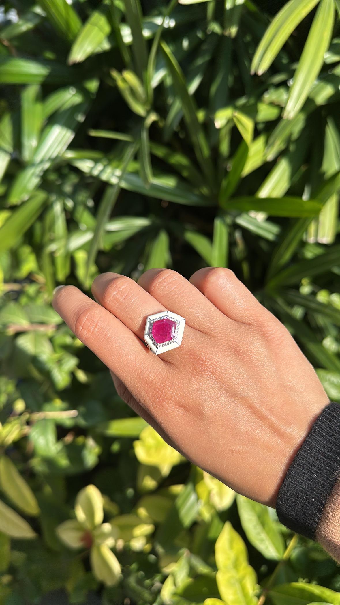 Set in 18K Gold, Mozambique Ruby, White Enamel & Diamonds Cocktail Ring 5
