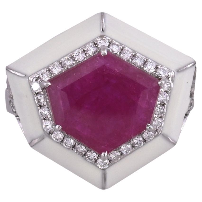 A very gorgeous and beautiful, Ruby & White Enamel Cocktail Ring set in 18K White Gold & natural Diamonds. The weight of the shield shaped Ruby is 4.00 carats. The Ruby is completely natural, without any treatment and is of Mozambique origin. The