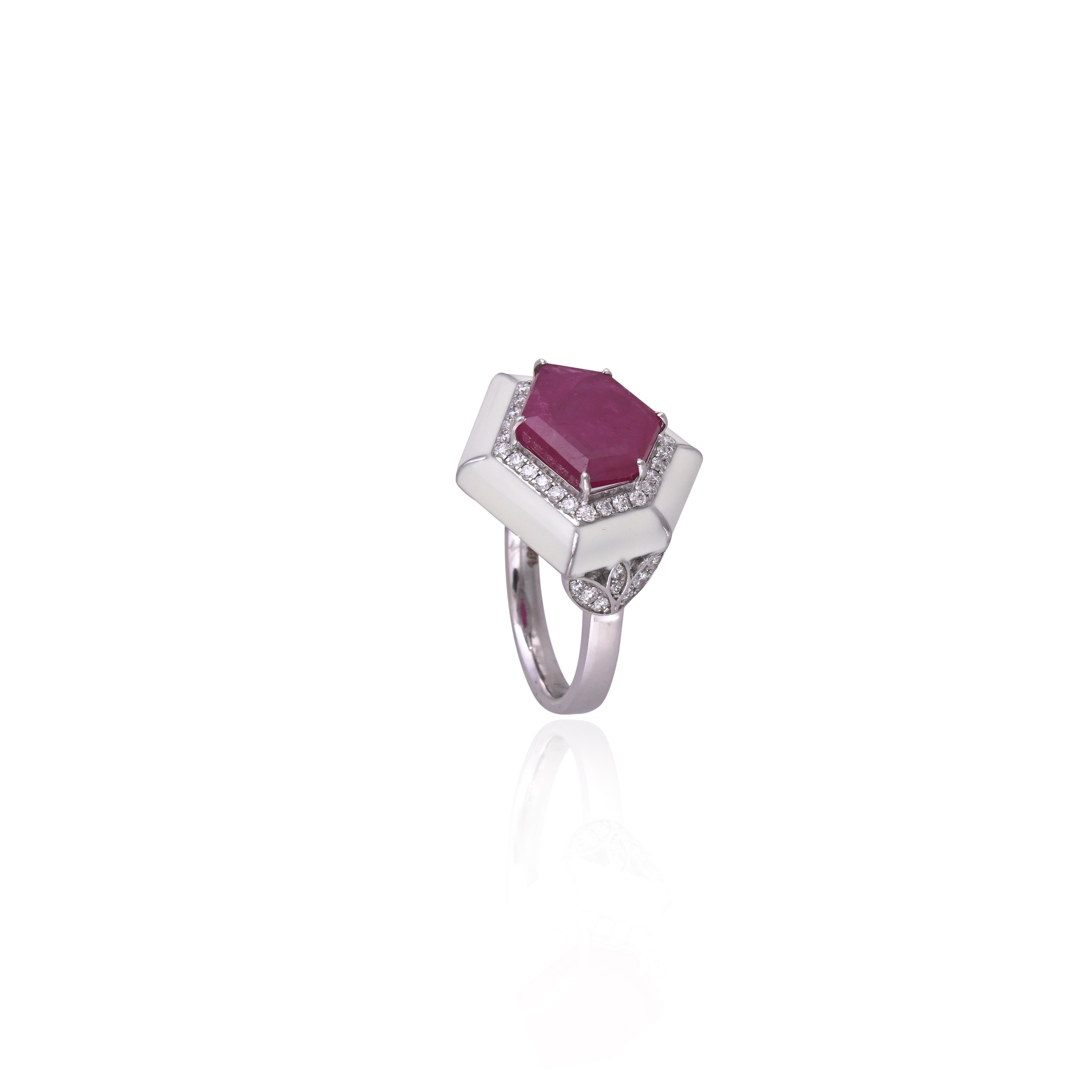 Shield Cut Set in 18K Gold, Mozambique Ruby, White Enamel & Diamonds Cocktail Ring