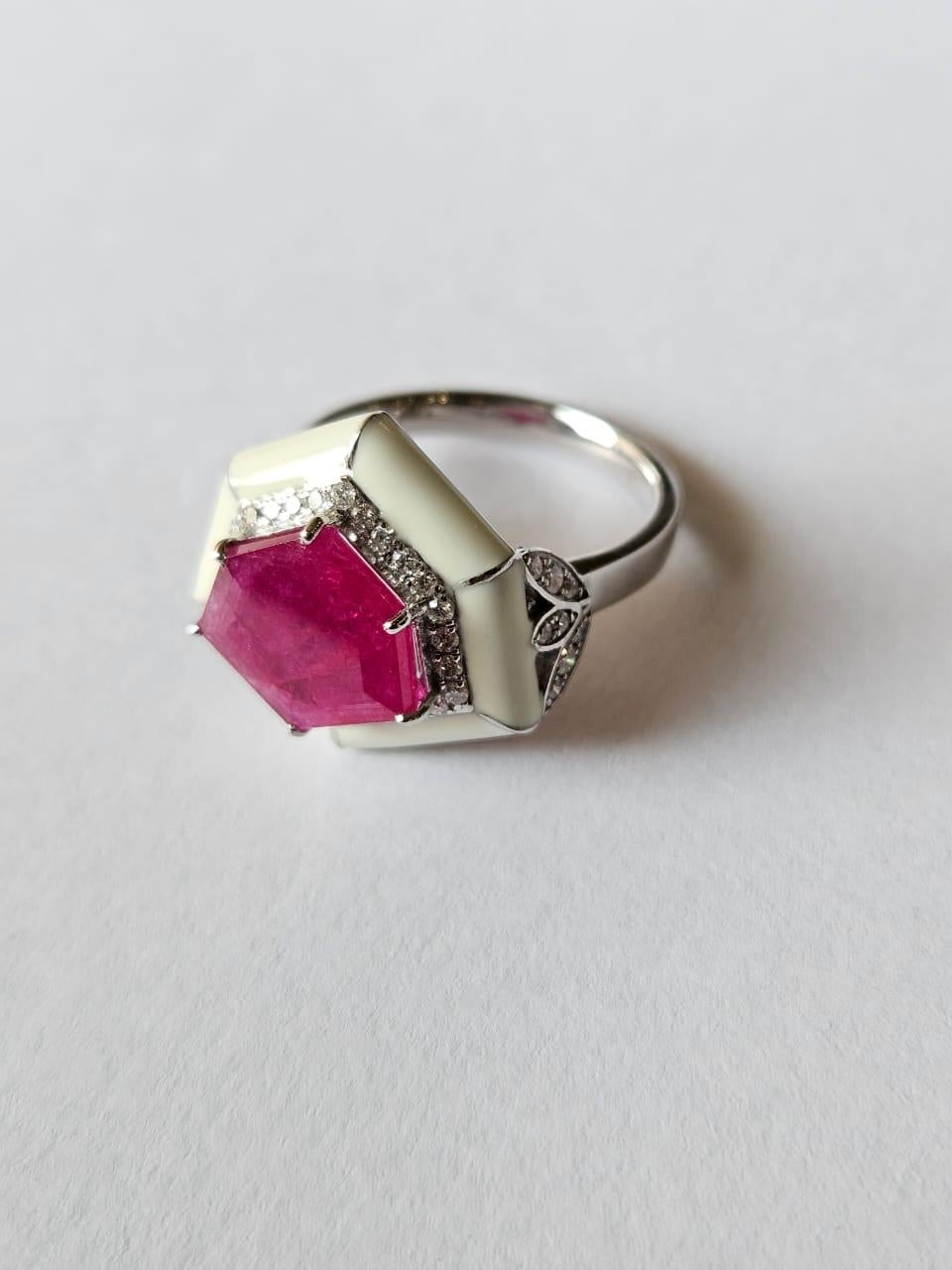 Set in 18K Gold, Mozambique Ruby, White Enamel & Diamonds Cocktail Ring 1