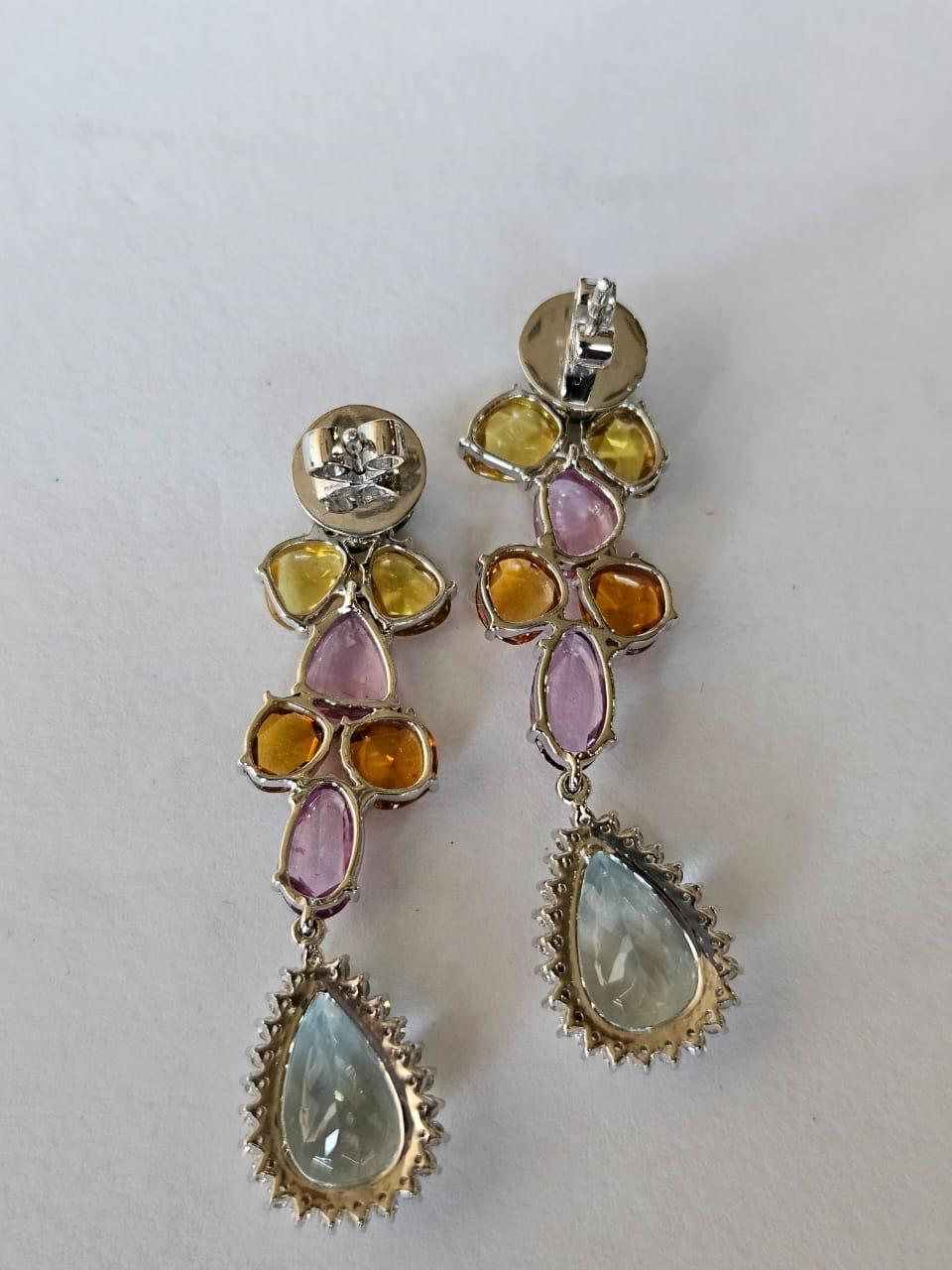 Set in 18K Gold, Multi Sapphires, Aquamarine & Diamonds Chandelier Earrings For Sale 4