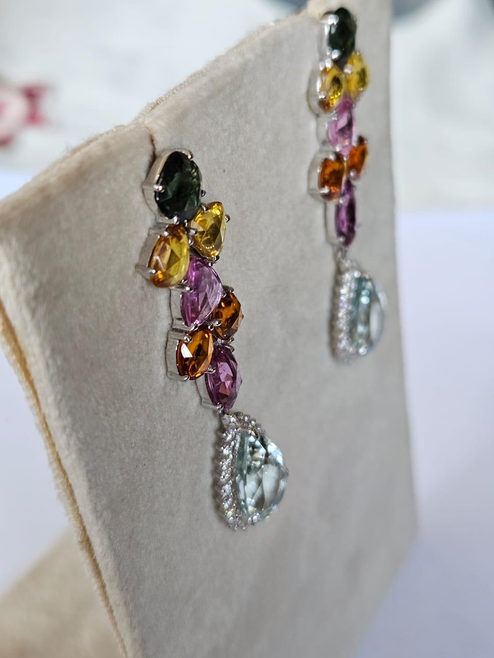 Set in 18K Gold, Multi Sapphires, Aquamarine & Diamonds Chandelier Earrings For Sale 5