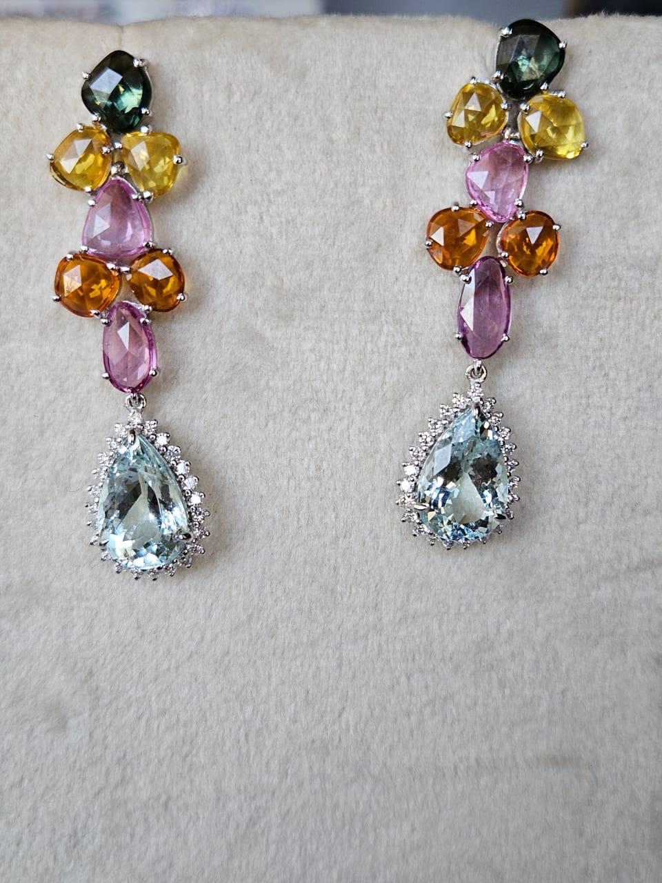 Set in 18K Gold, Multi Sapphires, Aquamarine & Diamonds Chandelier Earrings For Sale 6