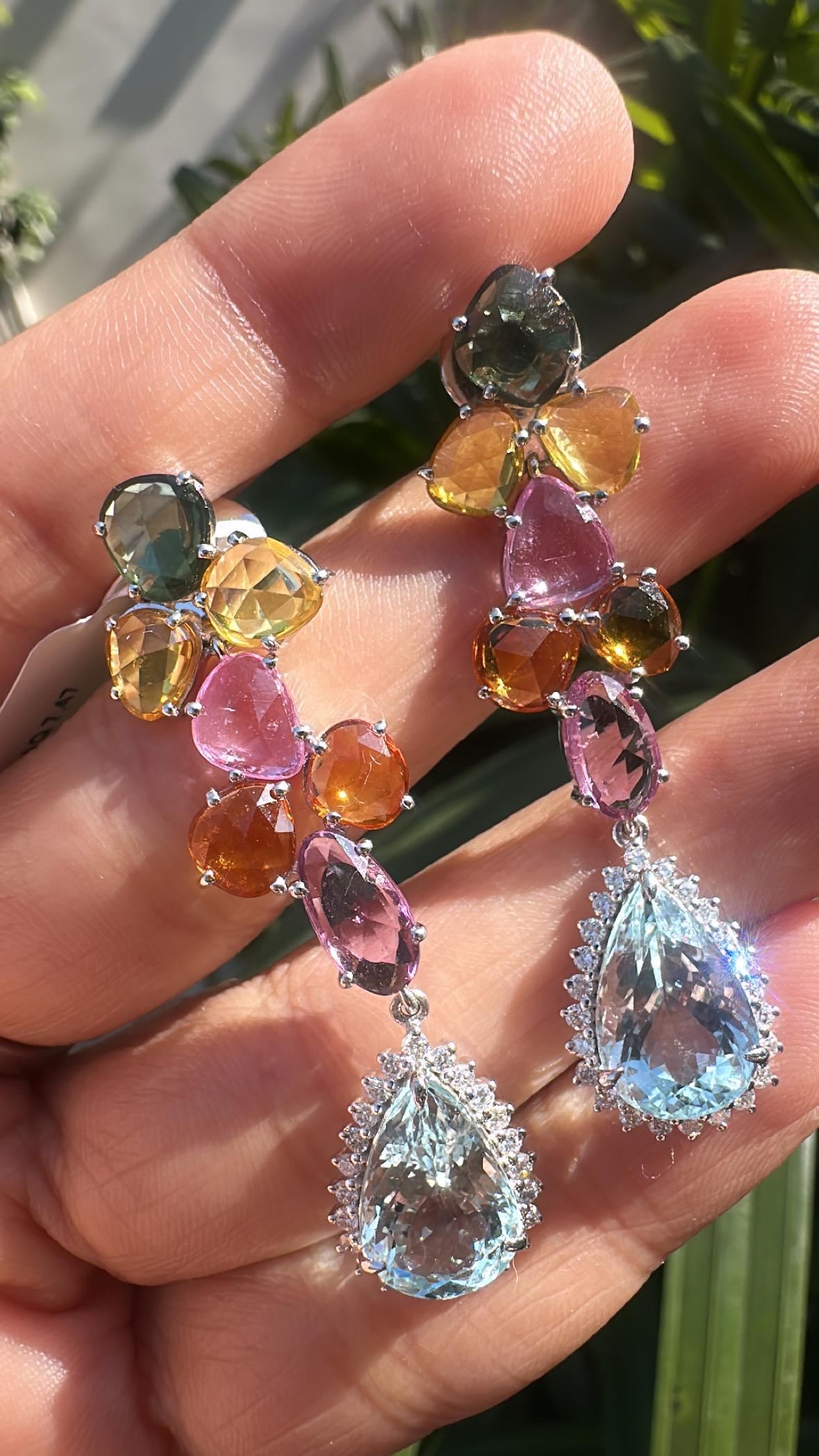 Modern Set in 18K Gold, Multi Sapphires, Aquamarine & Diamonds Chandelier Earrings For Sale