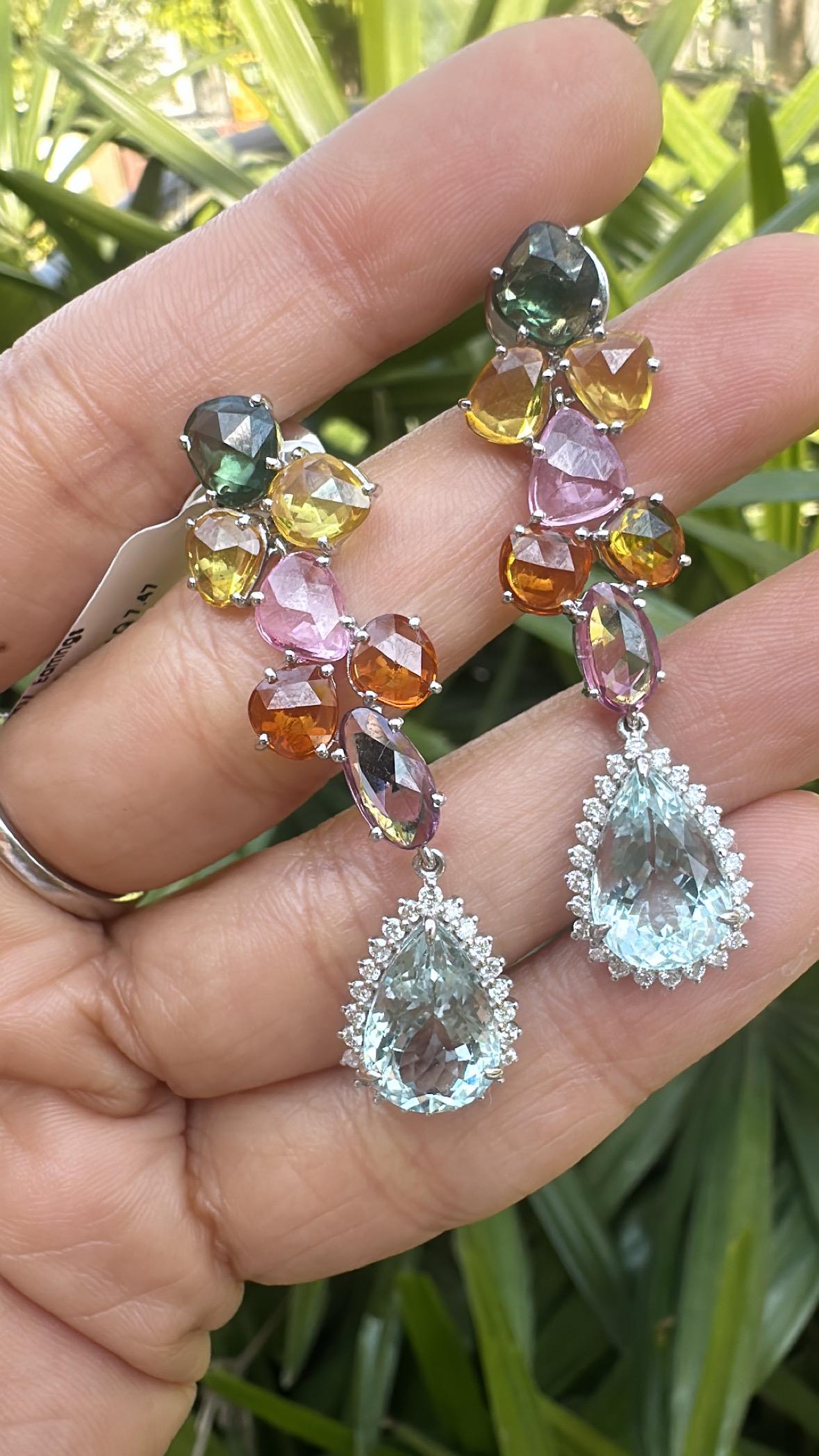 Rose Cut Set in 18K Gold, Multi Sapphires, Aquamarine & Diamonds Chandelier Earrings For Sale