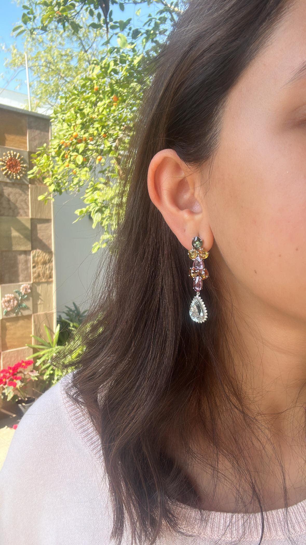 Women's or Men's Set in 18K Gold, Multi Sapphires, Aquamarine & Diamonds Chandelier Earrings For Sale