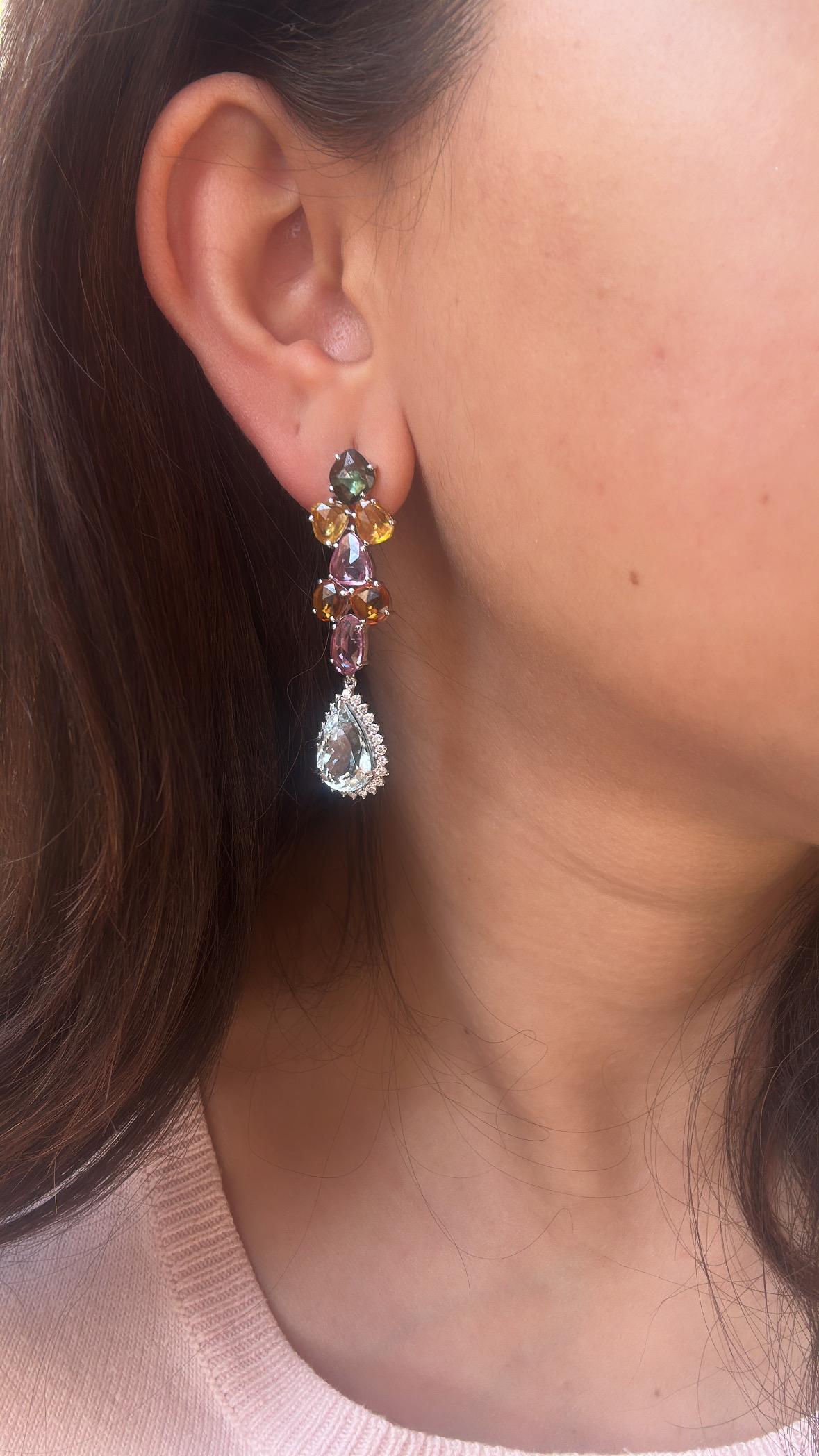 Set in 18K Gold, Multi Sapphires, Aquamarine & Diamonds Chandelier Earrings For Sale 1