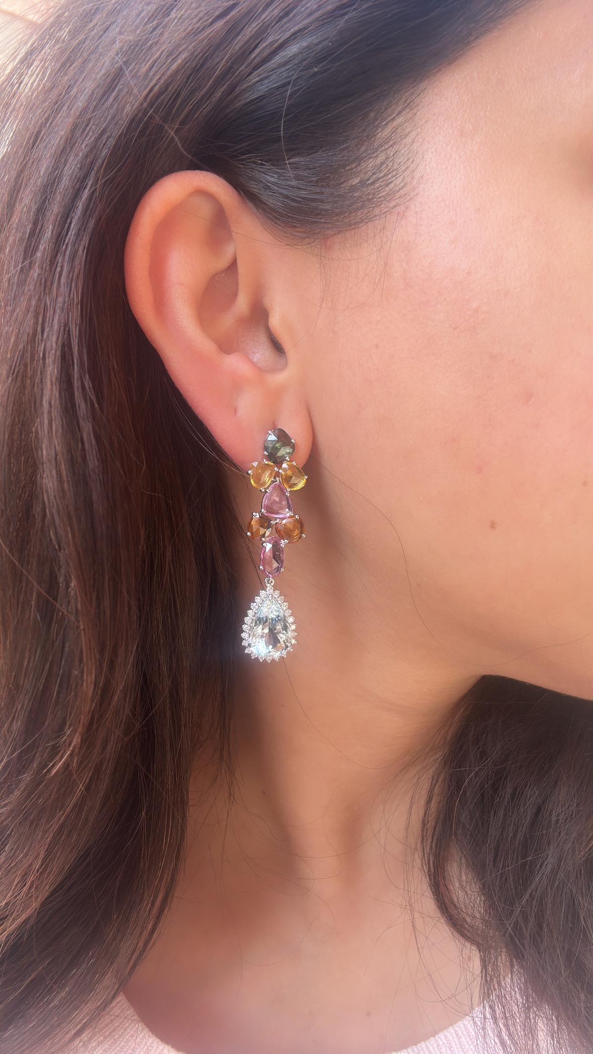 Set in 18K Gold, Multi Sapphires, Aquamarine & Diamonds Chandelier Earrings For Sale 2