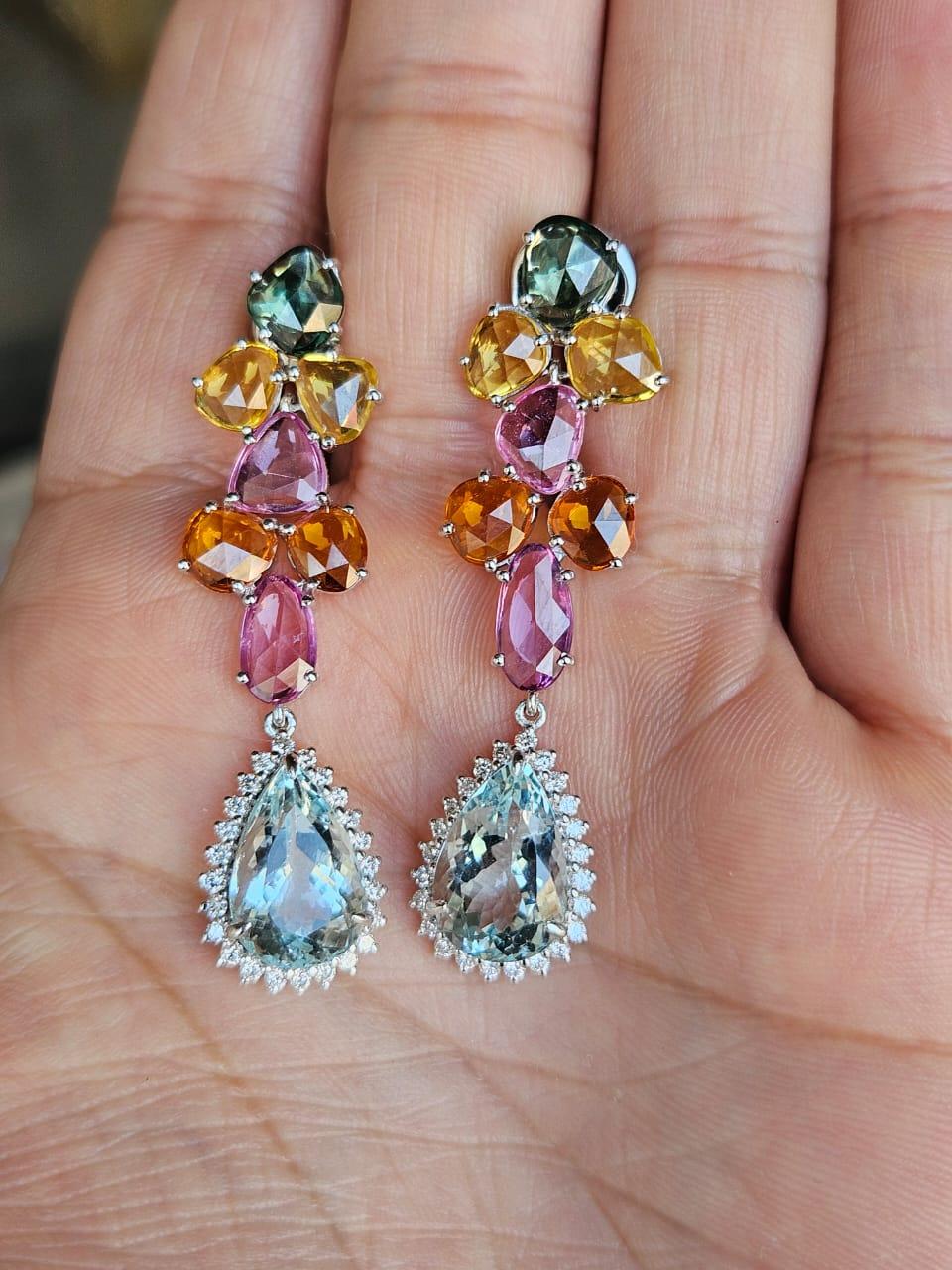 Set in 18K Gold, Multi Sapphires, Aquamarine & Diamonds Chandelier Earrings For Sale 3