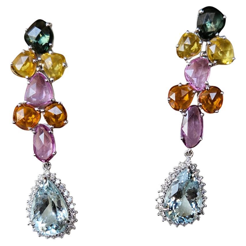 Set in 18K Gold, Multi Sapphires, Aquamarine & Diamonds Chandelier Earrings