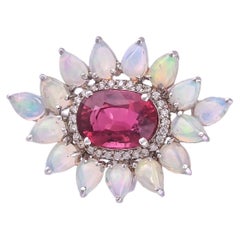 Set in 18K Gold, Natural 5.67 Carats Rubellite, Opal & Diamonds Cocktail Ring