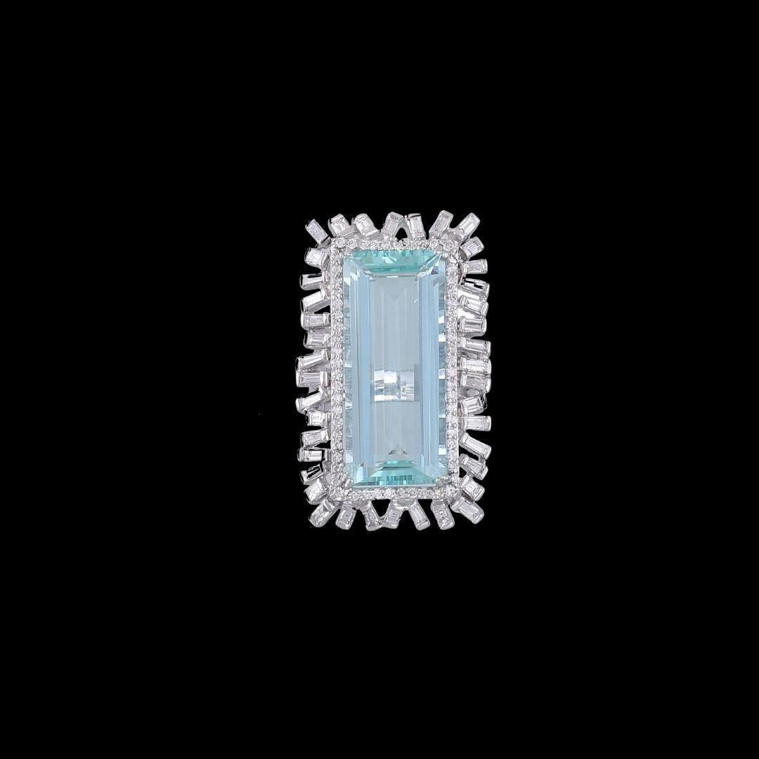 Baguette Cut Set in 18 Karat Gold, Natural Aquamarine and Baguette Diamonds Cocktail Ring