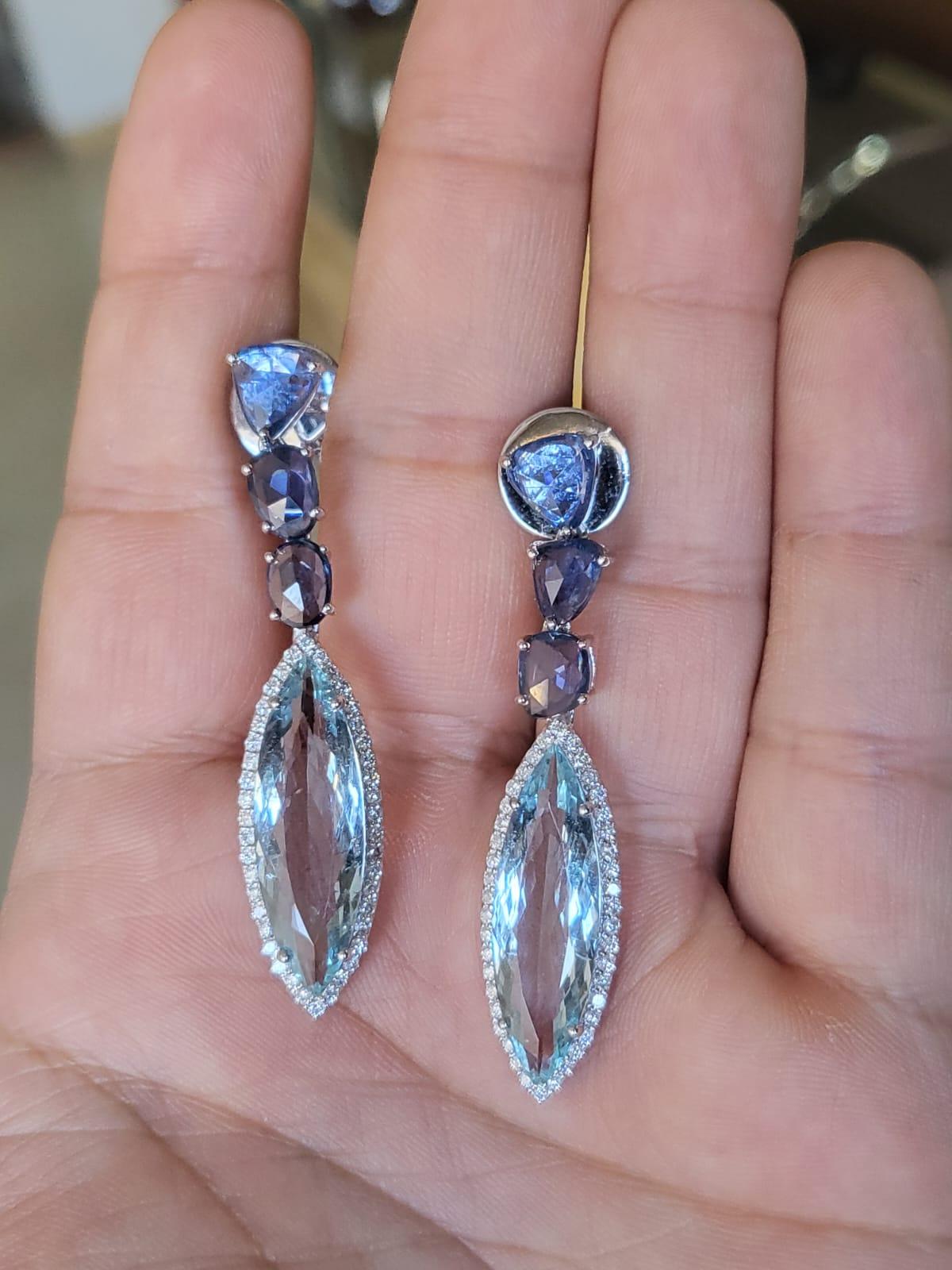 Modern Set in 18K Gold, natural Aquamarine, Blue Sapphires & Diamonds Dangle Earrings