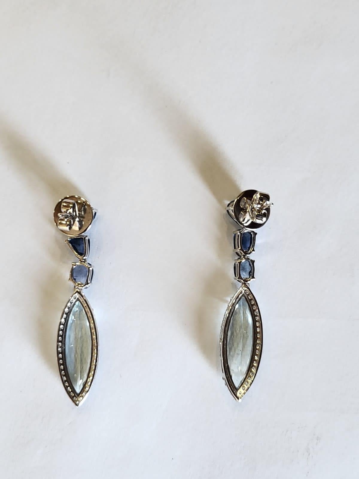 Marquise Cut Set in 18K Gold, natural Aquamarine, Blue Sapphires & Diamonds Dangle Earrings