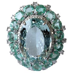 Set in 18K Gold, natural Aquamarine, Emerald & Rose Cut Diamonds Cocktail Ring