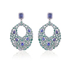 Set in 18K Gold, natural Blue Sapphires, Emeralds & Diamonds Chandelier Earrings