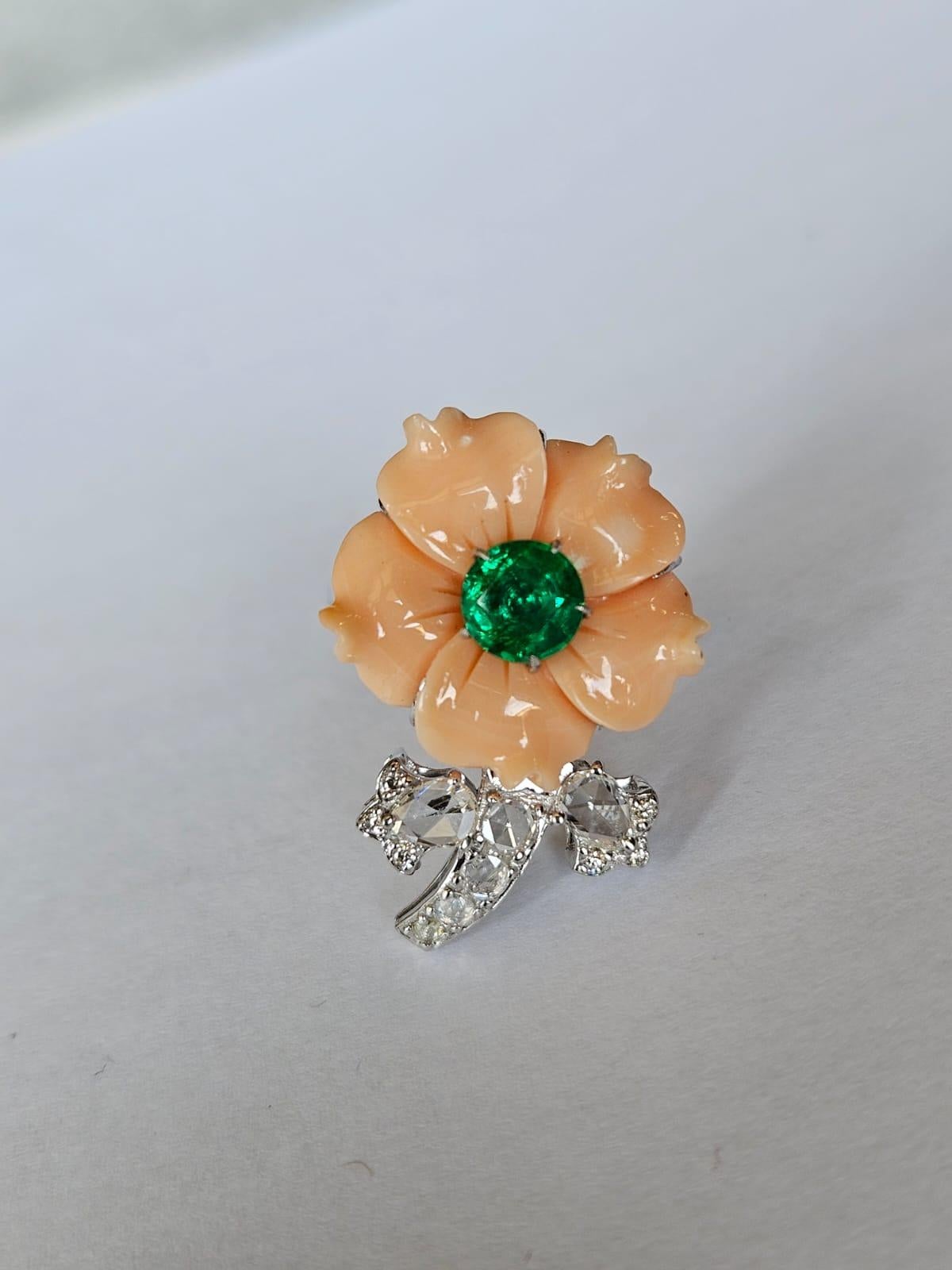 Set in 18K Gold, natural carved Coral, Zambian Emerald & Diamonds Cocktail Ring In New Condition For Sale In Hong Kong, HK