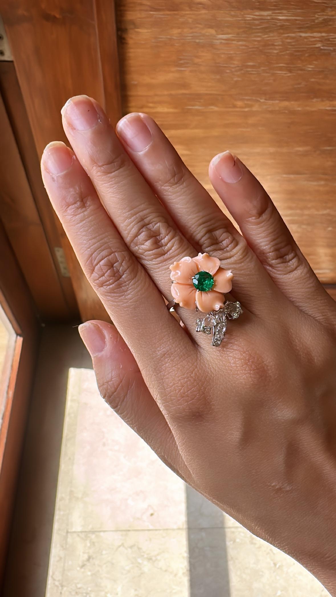 Set in 18K Gold, natural carved Coral, Zambian Emerald & Diamonds Cocktail Ring For Sale 1