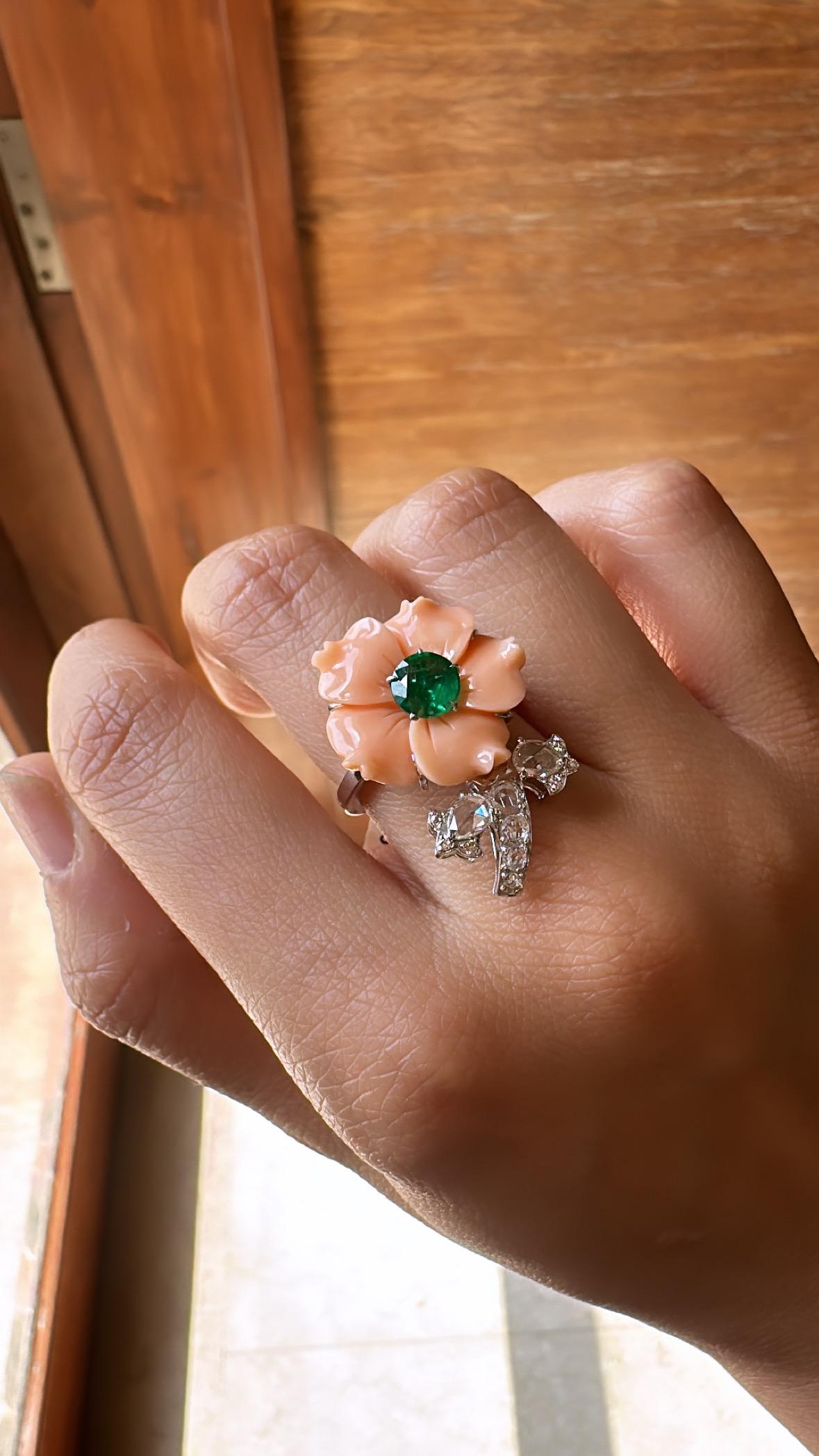 Set in 18K Gold, natural carved Coral, Zambian Emerald & Diamonds Cocktail Ring For Sale 2