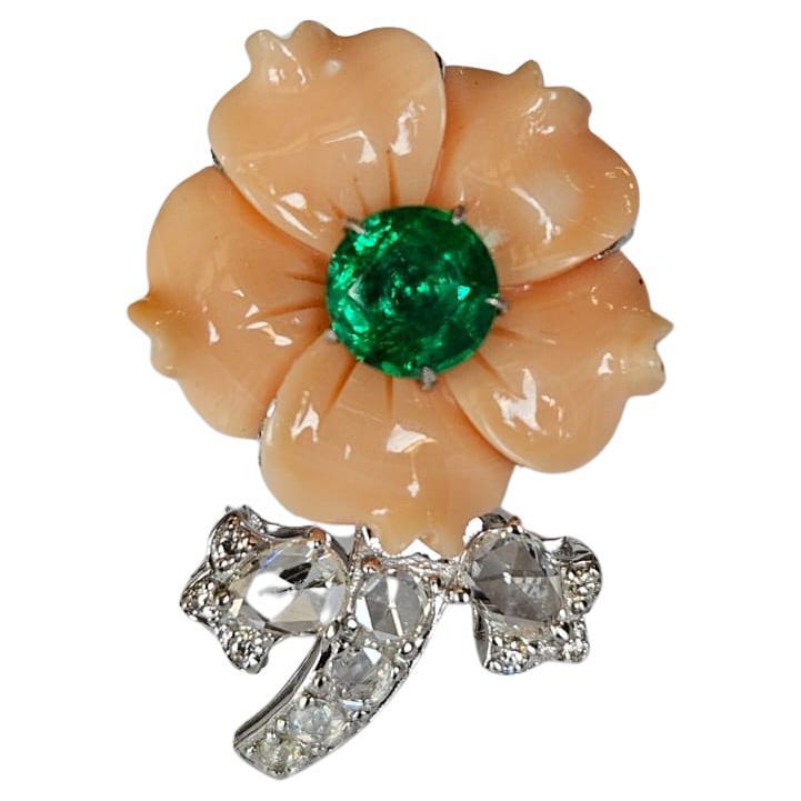 Set in 18K Gold, natural carved Coral, Zambian Emerald & Diamonds Cocktail Ring For Sale