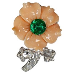 Set in 18K Gold, natural carved Coral, Zambian Emerald & Diamonds Cocktail Ring