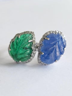 Set in 18k Gold, Natural Carved Emerald, Blue Sapphire & Diamonds Cocktail Ring