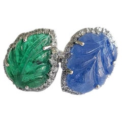 Set in 18k Gold, Natural Carved Emerald, Blue Sapphire & Diamonds Cocktail Ring