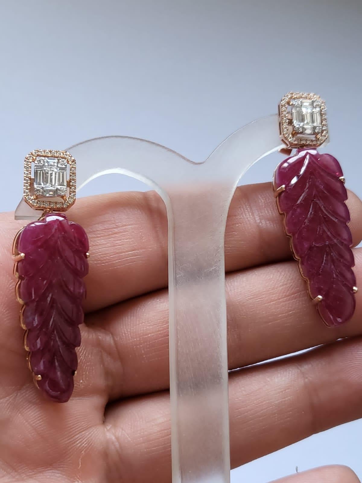 Modern Set in 18K Gold, Natural, Carved Mozambique Ruby & Diamonds Chandelier Earrings For Sale