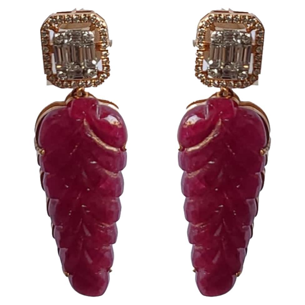 Set in 18K Gold, Natural, Carved Mozambique Ruby & Diamonds Chandelier Earrings