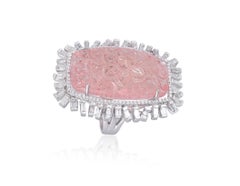 Set in 18k Gold, Natural Carved Pink Morganite & Baguette Diamonds Cocktail Ring