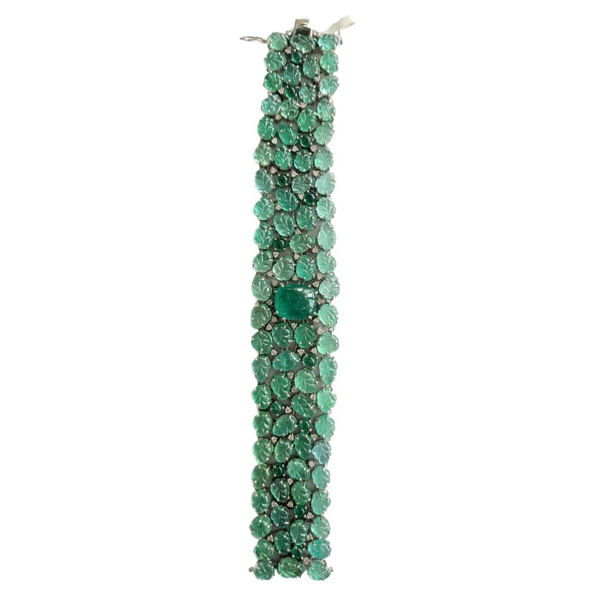 Set in 18k Gold, Natural Carved Zambian Emerald & Diamonds Link Bracelet For Sale