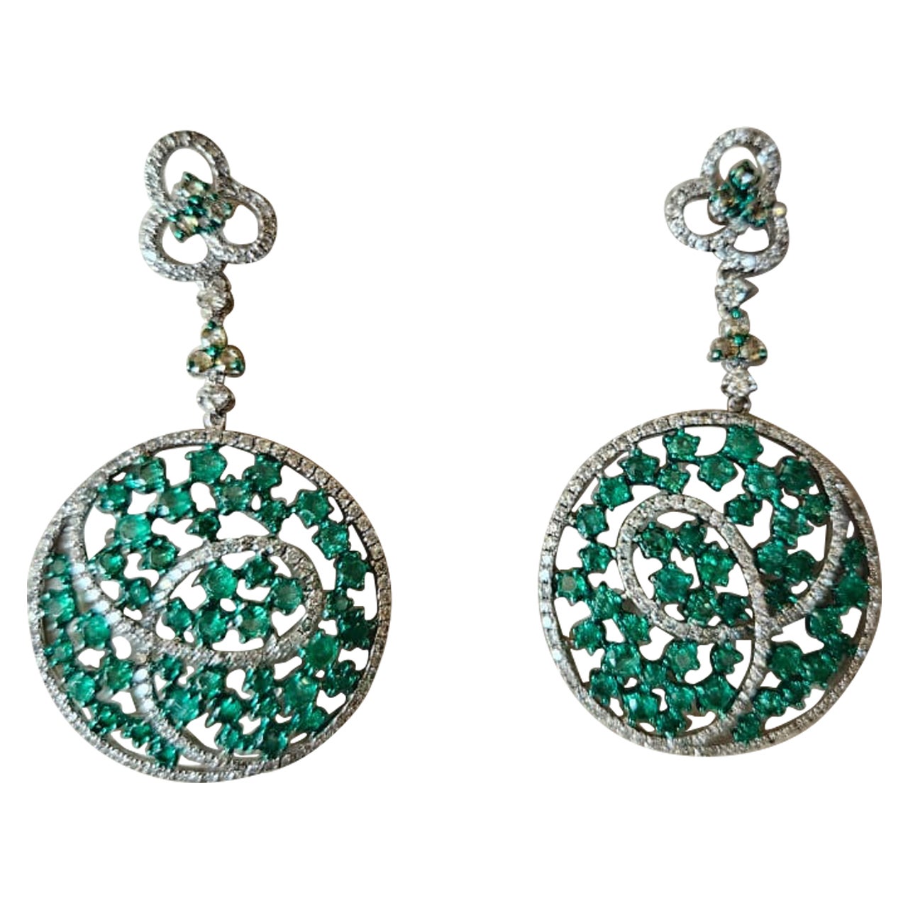 Boucles d'oreilles lustre en or 18 carats, émeraudes naturelles de Colombie et diamants