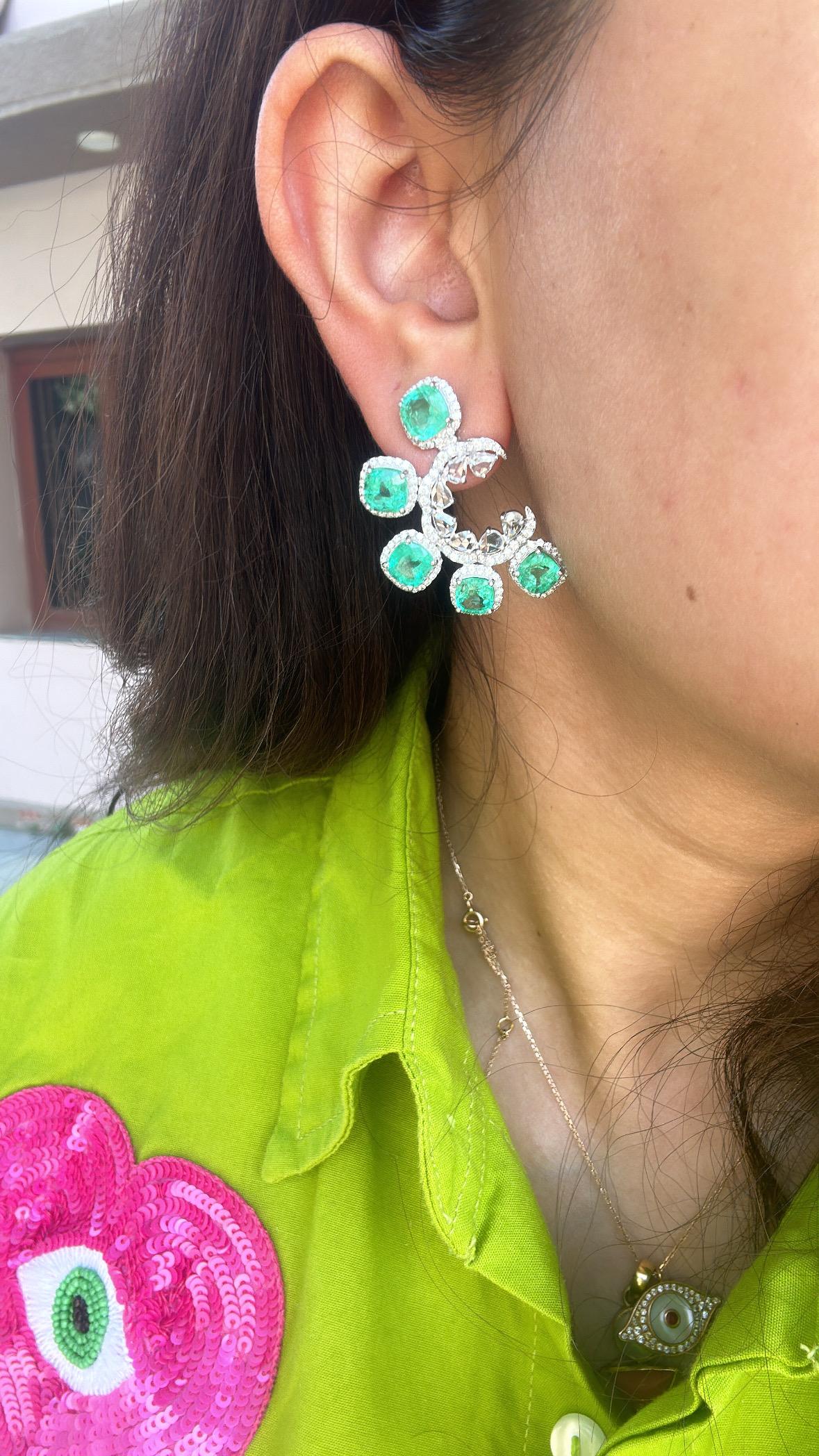 Set in 18K Gold, natural Colombian Emeralds & Rose Cut Diamonds Stud Earrings 3
